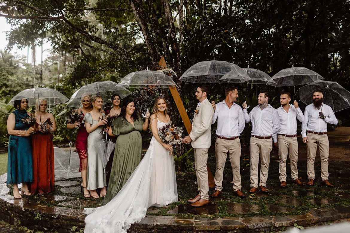 wedding party standing with umbrellas